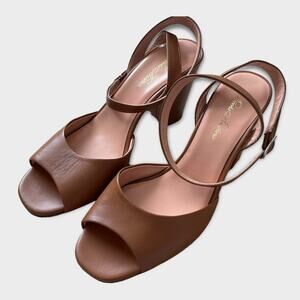 Brooks Brothers Cognac Leather Block Heel Sandals — Size 9